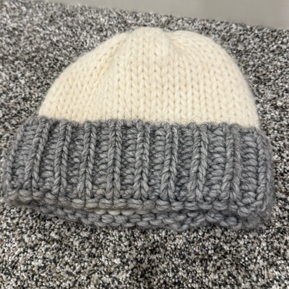 Cozy Knit Women’s Beanie Hat Cream and Gray Outdoor Cold Weather Knit Winter